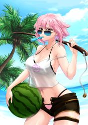 Rule 34 | 1girl, absurdres, alchemy stars, alt3r, bare arms, bare shoulders, black shorts, blue sky, bokken, breasts, camisole, cleavage, cloud, coconut tree, commentary, cowboy shot, crop top, day, english commentary, food, fruit, highres, hiiro (alchemy stars), holding, holding sword, holding weapon, jewelry, large breasts, midriff, mouth hold, navel, necklace, open fly, over shoulder, palm tree, pink eyes, pink hair, short hair, short shorts, shorts, sky, solo, spaghetti strap, standing, stomach, strap slip, sunglasses, sword, thighs, tree, water, watermelon, weapon, weapon over shoulder, wooden sword