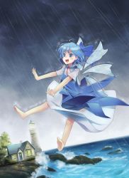 Rule 34 | 1girl, barefoot, blue eyes, blue hair, bow, cirno, dress, feet, hair bow, highres, lighthouse, liking, matching hair/eyes, ocean, open mouth, outstretched arms, rain, short hair, solo, touhou, wings
