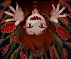 Rule 34 | 1girl, :d, absurdres, avogado6, carnivorous plant, dress, drooling, fingernails, highres, long fingernails, long sleeves, looking at viewer, nail polish, neck ribbon, open mouth, original, reaching, reaching towards viewer, red dress, red eyes, red hair, red nails, red ribbon, ribbon, sharp fingernails, sharp teeth, smile, solo, teeth, upside-down