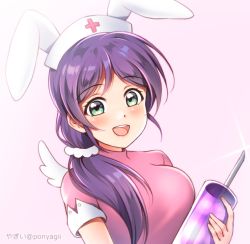 Rule 34 | 1girl, animal ears, artist name, artist request, blush, breasts, collared shirt, female focus, green eyes, hair ornament, hair over shoulder, hair scrunchie, hat, holding, long hair, looking at viewer, love live!, love live! school idol festival, love live! school idol project, medium breasts, nurse cap, parted lips, pink shirt, ponyagii, purple hair, scrunchie, shirt, smile, solo, tojo nozomi, twintails, white background, white scrunchie, white wings, wings