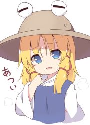 Rule 34 | 1girl, baku-p, blonde hair, blue eyes, brown hat, clothes pull, cropped torso, hat, looking at viewer, moriya suwako, open mouth, pulling own clothes, short hair, sidelocks, simple background, solo, sweat, touhou, white background, wide sleeves