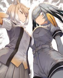 Rule 34 | 10s, 2girls, animal costume, belt, breast pocket, commentary request, expressionless, from below, green eyes, grey hair, guchico, head wings, high-waist shorts, kemono friends, light brown hair, multiple girls, necktie, pantyhose, pleated skirt, pocket, shirt tucked in, shoebill (kemono friends), short sleeves, shorts, skirt, staring, staring contest, tibetan fox (kemono friends), wings, yellow eyes