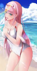 Rule 34 | 1girl, absurdres, aqua eyes, beach, blue sky, blush, breasts, candy, cleavage, cloud, darling in the franxx, day, food, green eyes, hairband, highres, horns, kurony (sirony), lens flare, licking, lollipop, long hair, looking at viewer, medium breasts, ocean, one-piece swimsuit, oni horns, outdoors, pink hair, red horns, revision, sand, school swimsuit, sky, solo, straight hair, swimsuit, thighs, tongue, tongue out, wet, white hairband, white one-piece swimsuit, zero two (darling in the franxx)