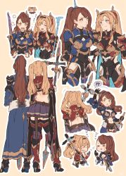 Rule 34 | !?, 2girls, arm up, armor, beatrix (granblue fantasy), blonde hair, blue eyes, boots, brown hair, cleavage cutout, clothing cutout, commentary, from behind, granblue fantasy, greaves, high heel boots, high heels, highres, hip vent, holding, holding polearm, holding sword, holding weapon, long skirt, miniskirt, multiple girls, navel, pauldrons, polearm, ponytail, shimatani azu, shoulder armor, skirt, spear, sweatdrop, sword, twintails, weapon, white background, zeta (granblue fantasy)