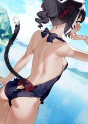 Rule 34 | 1girl, animal ear fluff, animal ears, ass, back, back focus, backless swimsuit, bare arms, bare back, bare shoulders, black hair, black one-piece swimsuit, blurry, blurry background, blush, bow, casual one-piece swimsuit, cat ears, cat girl, cat tail, commentary request, day, depth of field, green eyes, hand up, karyl (princess connect!), looking at viewer, looking back, multicolored hair, one-piece swimsuit, outdoors, ponytail, princess connect!, profile, red bow, solo, streaked hair, subachi, swimsuit, tail, tail raised, twitter username, water, watermark, white hair