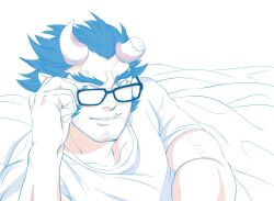 Rule 34 | 1boy, adjusting eyewear, bara, beard, beard stubble, bespectacled, black-framed eyewear, blue hair, broken horn, casual, commentary request, dark blue hair, demon boy, demon horns, facial hair, glasses, goshingo1, hair slicked back, horns, long sideburns, looking to the side, male focus, mature male, muscular, muscular male, muted color, pectorals, pointy ears, shirt, short hair, sideburns, simple background, smile, solo, stubble, takemaru (housamo), thick eyebrows, tokyo houkago summoners, tusks, under covers, upper body, white background, white shirt