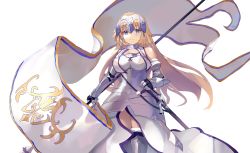 Rule 34 | 1girl, absurdres, armor, armored dress, banner, battle standard, blonde hair, blue eyes, breasts, chain, cowboy shot, fate/grand order, fate (series), faulds, flag, fur-trimmed legwear, fur trim, gauntlets, gorget, headpiece, highres, holding, holding flag, jeanne d&#039;arc (fate), jeanne d&#039;arc (ruler) (fate), jeanne d&#039;arc (third ascension) (fate), large breasts, long hair, plackart, same (sendai623), scabbard, sheath, sheathed, smile, solo, standard bearer, standing, sword, thighhighs, very long hair, war flag, weapon