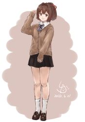 Rule 34 | 1girl, :d, alternate costume, black skirt, bow, bowtie, brown cardigan, brown eyes, brown footwear, brown hair, cardigan, full body, hair ribbon, ise (kancolle), kantai collection, ld (luna dial398), loafers, open mouth, pleated skirt, ponytail, red ribbon, ribbon, school uniform, shoes, short hair, skirt, smile, socks, solo, white socks