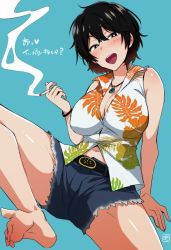 Rule 34 | 1girl, bad id, bad twitter id, bare shoulders, belt, black eyes, black hair, blush, breasts, cigarette, cleavage, copyright request, ikeshita moyuko, jewelry, large breasts, looking at viewer, necklace, open mouth, shirt, short hair, shorts, smile, solo