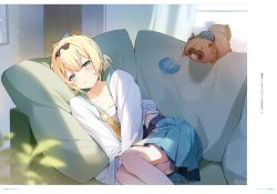 Rule 34 | 1girl, absurdres, blonde hair, blue eyes, blurry, blush, breasts, cleavage, closed mouth, collarbone, couch, curtains, day, hair ornament, hana mori, hand fan, highres, hololive, indoors, kazama iroha, long sleeves, lying, on side, pillow, plant, pleated skirt, pokobee, pouty lips, sarashi, scan, simple background, skirt, small breasts, virtual youtuber, wide sleeves, window