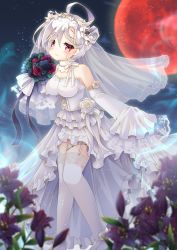 Rule 34 | 1girl, ahoge, azur lane, bare shoulders, black flower, black rose, blurry, blurry foreground, blush, bolt, bouquet, breasts, bridal veil, closed mouth, commentary request, depth of field, detached sleeves, dress, flower, full moon, garter straps, head tilt, highres, holding, holding bouquet, long sleeves, looking at viewer, medium breasts, moon, night, night sky, outdoors, purple flower, red eyes, red flower, red moon, red rose, rose, see-through, shoes, sky, sleeves past fingers, sleeves past wrists, solo, standing, star (sky), starry sky, stitches, strapless, strapless dress, terror (azur lane), thighhighs, veil, wedding dress, white dress, white flower, white footwear, white hair, white rose, white thighhighs, wide sleeves, yorarry