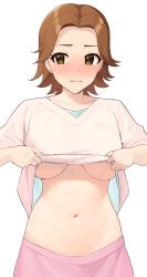 Rule 34 | 1girl, absurdres, blush, breasts, brown hair, clothes lift, collarbone, forehead, full-face blush, highres, holding, holding clothes, holding shirt, idolmaster, idolmaster cinderella girls, lifting own clothes, looking away, medium breasts, midriff, navel, no bra, ohta yuu, onao, parted bangs, pink shirt, pink skirt, shirt, shirt lift, short hair, short sleeves, simple background, skirt, solo, stomach, underboob, v-neck, white background