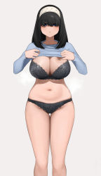 Rule 34 | 1girl, black bra, black panties, blue sweater, bra, breasts, clothes lift, commentary request, expressionless, grey background, hairband, hands up, highres, idolmaster, idolmaster cinderella girls, large breasts, lifting own clothes, long sleeves, looking at viewer, medium hair, no pants, panties, sagisawa fumika, senju (snz0), simple background, solo, standing, sweater, sweater lift, underwear
