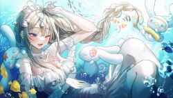 Rule 34 | 1girl, ;p, absurdres, air bubble, bare shoulders, blue eyes, blush, braid, braided ponytail, breasts, bubble, choker, cinnamoroll, cleavage, clownfish, dress, fish, flower, goggles, hair flower, hair ornament, highres, jewelry, jjuha6, large breasts, long hair, looking to the side, neck ring, necklace, ocean, one eye closed, open mouth, original, pale skin, pleated dress, rabbit, rabbit tail, sanrio, shell hair ornament, sleeveless, smile, solo, starfish, starfish hair ornament, tail, tiara, tongue, tongue out, underwater, water, white choker, white dress, white hair