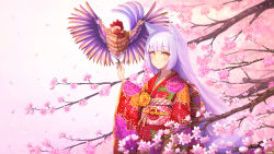 Rule 34 | 1girl, animal ears, bird, blunt bangs, cherry, cherry blossoms, chicken, floral print, flower, food, fox ears, fox tail, fruit, highres, japanese clothes, kimono, light purple hair, long hair, looking at viewer, nengajou, new year, obi, original, petals, rizihike, rooster, sash, smile, solo, tail, very long hair, wide sleeves, yellow eyes, yukata
