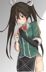Rule 34 | 1girl, bandaged hand, bandages, bandaid, bandaid on face, bandaid on hand, black gloves, blush, brown hair, bruise, bruise on face, crying, crying with eyes open, elbow gloves, gloves, green jacket, grey eyes, hair between eyes, hair ribbon, highres, injury, jacket, kantai collection, long hair, no panties, pelvic curtain, po0000000000, ribbon, side slit, single glove, tears, tone (kancolle), twintails, white ribbon