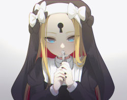 Rule 34 | 1girl, abigail williams (fate), black bow, black dress, blonde hair, blue eyes, bow, closed mouth, cross, cross necklace, dress, fate/grand order, fate (series), forehead, grey background, habit, hat, holding, holding cross, jewelry, keyhole, long hair, looking at viewer, multiple bows, necklace, nun, sato (r017xts117), simple background, smile, solo, traditional nun, upper body, white background, white bow