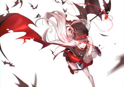 Rule 34 | 1girl, absurdres, arknights, black hat, blood, cape, gloves, hair between eyes, halloween, hat, highres, holding, holding staff, jacket, long hair, looking at viewer, official alternate costume, open mouth, pale skin, pointy ears, red eyes, running, see-through, smile, solo, staff, stitches, thigh strap, vampire, very long hair, warfarin (arknights), warfarin (the feast) (arknights), white gloves, white hair, yumuto (spring1786)