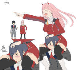 Rule 34 | 10s, 1boy, 1girl, absurdres, black hair, black pantyhose, blush, blush stickers, boots, breasts, callu jy, closed eyes, couple, darling in the franxx, english text, fringe trim, hair ornament, hairband, hand on another&#039;s head, hand on another&#039;s leg, hetero, highres, hiro (darling in the franxx), horns, large breasts, long hair, long sleeves, military, military uniform, necktie, oni horns, orange neckwear, pantyhose, pink hair, pointing, pointing forward, red horns, red neckwear, short hair, sitting on shoulder, uniform, white footwear, white hairband, zero two (darling in the franxx)