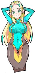 Rule 34 | 1girl, :d, adapted costume, alternate breast size, aqua eyes, arms behind head, arms up, blonde hair, bodysuit, braid, breasts, commentary request, cosplay, covered navel, cropped legs, crown braid, enpe, forehead, grin, highres, large breasts, long hair, metroid, multicolored bodysuit, multicolored clothes, nintendo, open mouth, parted bangs, pointy ears, princess zelda, samus aran, samus aran (cosplay), sidelocks, simple background, smile, solo, straight hair, the legend of zelda, the legend of zelda: breath of the wild, thigh gap, white background, zero suit