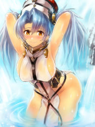 Rule 34 | 10s, 1girl, armpits, arms behind head, arms up, blue hair, blush, breasts, brown eyes, covered erect nipples, cowboy shot, edobox, female focus, gradient background, granblue fantasy, hat, large breasts, leaning forward, long hair, looking at viewer, sideboob, smile, solo, sophia (granblue fantasy), standing, twintails, wading, water, wet