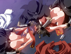Rule 34 | arm grab, ass, back, bent over, blush, censored, closed eyes, dark-skinned male, dark penis, dark skin, from above, group sex, hand on head, interracial, long hair, ninja, open mouth, penis, purple hair, queen&#039;s blade, rape, sex, soldier, ss-brain, tears, tomoe (queen&#039;s blade), tongue, vaginal