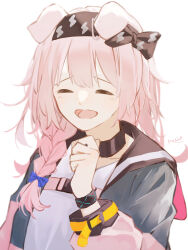 Rule 34 | 1girl, :d, absurdres, animal ears, arknights, black hairband, braid, cat ears, closed eyes, facing viewer, goldenglow (arknights), grey jacket, hair over shoulder, hairband, hand up, highres, jacket, lightning bolt print, long hair, long sleeves, motoha, open clothes, open jacket, open mouth, pink hair, puffy long sleeves, puffy sleeves, shirt, simple background, single braid, smile, solo, upper body, white background, white shirt