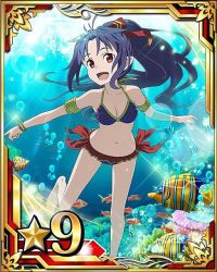 Rule 34 | 10s, 1girl, bare shoulders, barefoot, bikini, bracelet, breasts, brown eyes, bubble, card (medium), cleavage, collarbone, fish, freediving, frilled bikini, frills, hair ribbon, high ponytail, holding breath, jewelry, long hair, looking at viewer, navel, open mouth, pointy ears, purple bikini, purple hair, red ribbon, ribbon, small breasts, solo, star (symbol), swimming, swimsuit, sword art online, underwater, yuuki (sao)