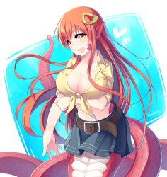 Rule 34 | 10s, 1girl, :d, artist name, belt, blueberry (5959), breast hold, breasts, cleavage, fang, front-tie top, gradient background, hair ornament, heart, highres, lamia, large breasts, long hair, looking at viewer, midriff, miia (monster musume), monster girl, monster musume no iru nichijou, navel, open mouth, pointy ears, red hair, simple background, skirt, slit pupils, smile, solo, tail, yellow eyes