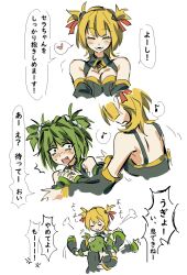 Rule 34 | 2girls, bare shoulders, black shirt, blonde hair, blush, bow, breasts, cleavage, closed eyes, detached collar, detached sleeves, edward (chookooreetoo), facing viewer, green hair, hair bow, highres, hug, korone sera (roa), korone tera, large breasts, medium hair, multiple girls, open mouth, orange bow, original, shirt, simple background, smile, speech bubble, translation request, two side up, white background
