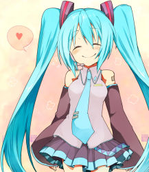 Rule 34 | 1girl, ^ ^, bad id, bad pixiv id, blue hair, blush, closed eyes, colorized, detached sleeves, closed eyes, hatsune miku, headset, heart, long hair, necktie, q (aoba0906), skirt, smile, solo, twintails, very long hair, vocaloid