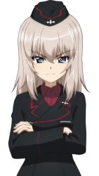 1girl black_jacket blush breast_pocket breasts closed_mouth cross crossed_arms dress_shirt garrison_cap girls_und_panzer girls_und_panzer_saishuushou grey_eyes grey_hair hair_between_eyes hat highres itsumi_erika jacket kuromorimine_military_uniform looking_at_viewer medium_breasts medium_hair military military_hat military_uniform non-web_source official_art pocket red_shirt red_skirt shirt simple_bird skirt smile solo standing