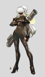 Rule 34 | blindfold, bodysuit, boots, borrowed character, dogbomber, gloves, gold trim, high heels, long hair, nier (series), nier:automata, ponytail, puffy sleeves, rocket launcher, smile, solo, thigh boots, thighhighs, weapon, white hair