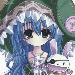 Rule 34 | 1girl, animal ear hood, animal ears, blue eyes, blue hair, closed mouth, date a live, expressionless, fake animal ears, green hood, hair between eyes, hajang68, hand puppet, hood, long hair, looking at viewer, neck ribbon, puppet, ribbon, solo, straight-on, stuffed animal, stuffed rabbit, stuffed toy, twitter username, upper body, yoshino (date a live), yoshinon