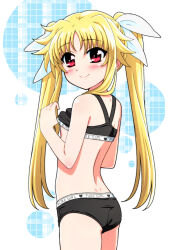Rule 34 | 1girl, ass, black bra, black panties, blonde hair, blush, bra, breasts, closed mouth, fate testarossa, hair ribbon, highres, long hair, looking at viewer, lyrical nanoha, mahou shoujo lyrical nanoha, mahou shoujo lyrical nanoha a&#039;s, miyajima hitoshi, nipple slip, nipples, panties, red eyes, ribbon, shiny skin, simple background, small breasts, smile, solo, twintails, underwear, underwear only, white background