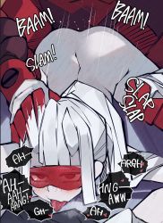 Rule 34 | 1boy, 1girl, absurdres, blush, english text, hand on another&#039;s head, helltaker, highres, loremaster (helltaker), rolling eyes, sex, sex from behind, subject 67 (helltaker), suujiniku, tongue, tongue out, top-down bottom-up, white hair