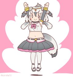 Rule 34 | 1girl, arms up, belt, bird girl, bird tail, bird wings, bow, bowtie, coroha, elbow gloves, feathered wings, full body, gloves, greater rhea (kemono friends), grey hair, hair ornament, head wings, jumping, kemono friends, looking at viewer, navel, pantyhose, pink background, sailor collar, shoes, short hair, simple background, skirt, sleeveless, solo, tail, wings