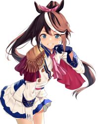 Rule 34 | 1girl, animal ears, ascot, asymmetrical gloves, black gloves, blue eyes, brown hair, buttons, cape, cowboy shot, epaulettes, gloves, grin, high ponytail, horse ears, horse girl, horse tail, jacket, long hair, looking at viewer, miniskirt, mismatched gloves, multicolored hair, pink ascot, pleated skirt, red cape, shands, simple background, single epaulette, skirt, smile, solo, streaked hair, tail, tokai teio (umamusume), two-tone hair, two-tone skirt, umamusume, white background, white gloves, white hair, white jacket, white skirt