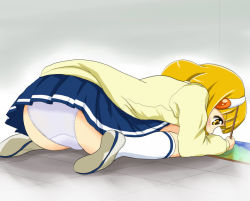 Rule 34 | 10s, 1girl, ass, bent over, blonde hair, blush, colored pencils, coloring, concentrating, hairband, kise yayoi, kneehighs, panties, pantyshot, precure, school uniform, shitan, shoe soles, shoes, short hair, skirt, smile precure!, socks, sweater, underwear, upskirt, uwabaki, white hairband, white panties