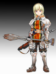 Rule 34 | 1girl, armor, blonde hair, blood, blood on clothes, bloody weapon, blue eyes, braid, commentary request, fantasy, faulds, full body, gauntlets, gradient background, greaves, hairband, holding, holding mace, holding weapon, le0, mace, original, partial commentary, scabbard, sheath, sheathed, solo, tabard, twin braids, weapon