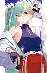 Rule 34 | .live, aqua eyes, arm up, asymmetrical bangs, bare shoulders, belt, black gloves, bottle, breasts, chain-link fence, closed mouth, day, earrings, fence, glass bottle, glasses, glint, gloves, holding, holding bottle, jacket, jewelry, kagura suzu (.live), kuronuma s, long hair, looking at viewer, off shoulder, outdoors, partially submerged, red skirt, semi-rimless eyewear, shading eyes, shadow, shirt, shirt tucked in, side ponytail, skirt, sleeveless, sleeveless shirt, small breasts, smile, turtleneck, twitter username, virtual youtuber, watermark, white jacket