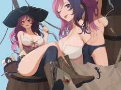 4girls :d ;p arms_up ass asymmetrical_clothes back bare_shoulders barrel belt belt_buckle bikini black_hat black_pants boots breasts brown_eyes brown_footwear brown_hair buckle butt_crack chibi chibi_inset cleavage closed_mouth collarbone corset crab cross-laced_footwear crossed_legs hat heterochromia highres holding holding_weapon index_finger_raised knee_boots lace-up_boots large_breasts long_hair looking_at_viewer multicolored_hair multiple_girls multiple_views neopolitan_(rwby) one_eye_closed open_mouth pants pink_eyes pink_hair pirate_hat ruby_rose rwby salamander shotel sideboob single_pantsleg sitting smile sweat swimsuit sword tongue tongue_out topless two-tone_hair untied_shoelaces wangxiii water weapon weiss_schnee white_bikini yang_xiao_long