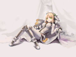 Rule 34 | 10s, 1girl, ahoge, belt, blonde hair, bodysuit, breasts, covered erect nipples, fate/extra, fate/extra ccc, fate/stay night, fate (series), gloves, green eyes, large breasts, lying, nero claudius (bride) (fate), nero claudius (fate), nero claudius (fate), nero claudius (fate/extra), sheepspear, solo, veil, white theme, zipper
