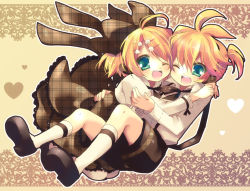 Rule 34 | 00s, 1boy, 1girl, ahoge, alternate costume, blonde hair, blue eyes, bow, brother and sister, hair bow, hair ornament, hairpin, heart, hetero, hug, kagamine len, kagamine rin, kosuzume, one eye closed, open mouth, short ponytail, shorts, siblings, smile, twins, vocaloid