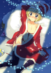 Rule 34 | 1girl, arms up, bed, bed sheet, black socks, blonde hair, blush, christmas, dress, flat chest, from above, full body, fur trim, hatoba, kneehighs, long sleeves, looking at viewer, looking up, lying, on back, on bed, open clothes, open dress, original, pillow, red dress, santa costume, short hair, socks, solo, thighhighs