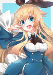 Rule 34 | 1girl, alice (grimms notes), alice (alice in wonderland), alice in wonderland, arm up, blonde hair, blue dress, blue eyes, dress, grimms notes, highres, long hair, open mouth, ribbon, smile, solo, takatun223, upper body, v