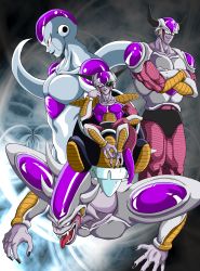 Rule 34 | &gt;:), alternate form, armor, bad id, bad pixiv id, collarbone, crossed arms, dragon ball, dragonball z, fangs, frieza, highres, horns, muscular, no humans, red eyes, scouter, shinomiya akino, smile, tail, teeth, tongue, v-shaped eyebrows