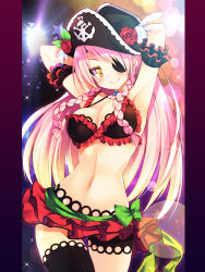 Rule 34 | 1girl, armband, armpits, arms behind head, arms up, bikini, bikini top only, black thighhighs, blonde hair, blush, bow, braid, breasts, brooch, chiri (atlanta), cleavage, cowboy shot, eyepatch, feathers, flower, frills, gem, gradient hair, hat, hat feather, hat flower, jewelry, large breasts, leaf, lens flare, light smile, long hair, looking at viewer, lord of valkyrie, lord of walkure, maizoku justine, microskirt, midriff, multicolored hair, narrow waist, navel, parted bangs, pillarboxed, pink hair, pirate hat, red flower, red rose, rose, short shorts, shorts, side braid, skirt, skull and crossbones, smile, solo, sparkle, standing, star (symbol), swimsuit, thigh gap, thighhighs, twin braids, yellow eyes, zettai ryouiki