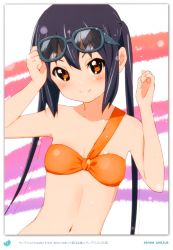 Rule 34 | 1girl, 2011, absurdres, bikini, black hair, blush, brown eyes, dated, errant, glasses, highres, k-on!, long hair, looking at viewer, nakano azusa, navel, sidelocks, smile, solo, swimsuit, twintails, upper body