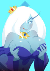 Rule 34 | 1girl, :q, adventure time, bad id, bad tumblr id, blue sclera, blue skin, breast lift, breasts squeezed together, breasts, cleavage, colored sclera, colored skin, crown, detached sleeves, dress, eyebrows, genderswap, genderswap (mtf), gorget, huge breasts, ice queen (adventure time), licking lips, lips, long hair, lowres, mike inel, mini crown, naughty face, off-shoulder dress, off shoulder, solo, thick eyebrows, tongue, tongue out, very long hair, white eyes, white hair, wide sleeves